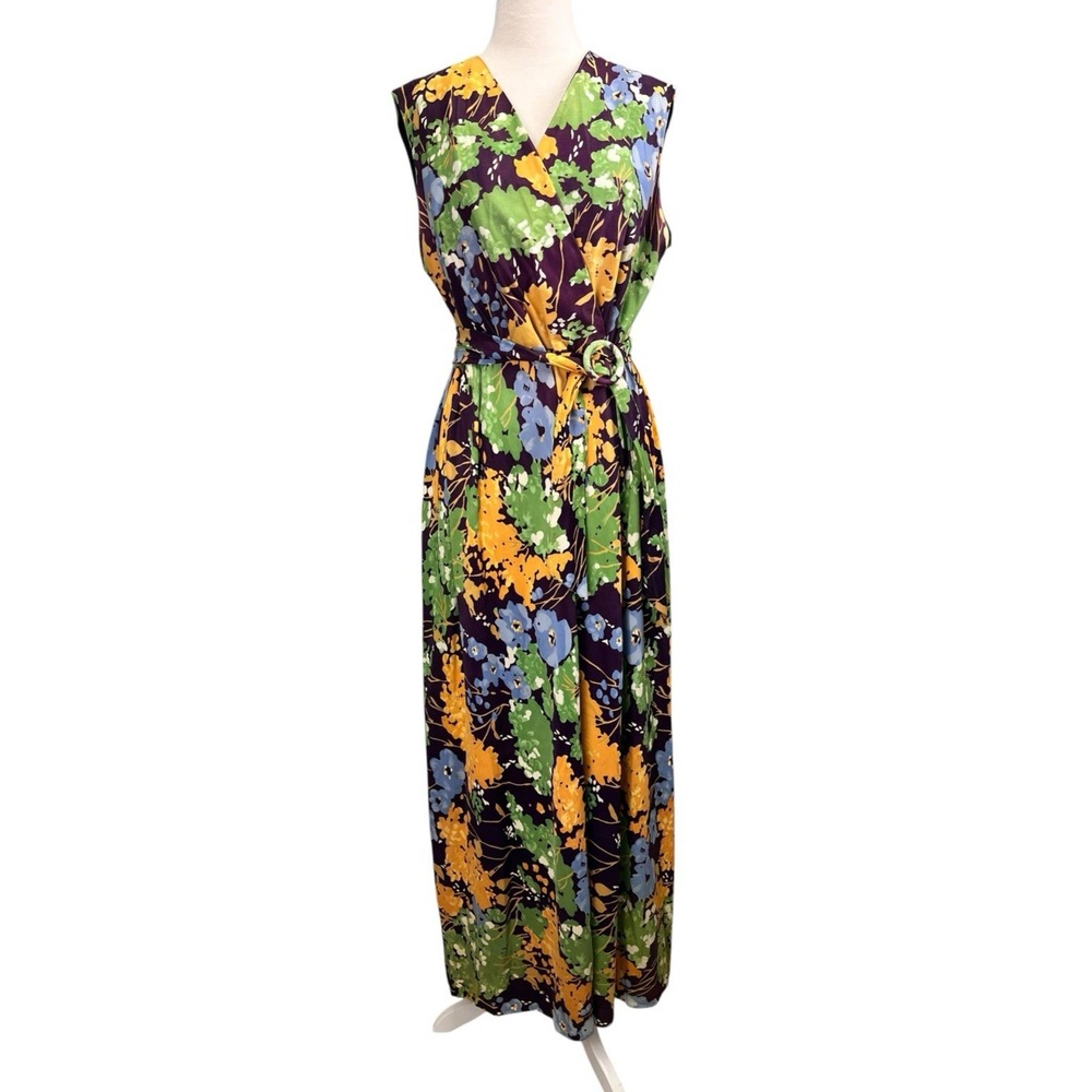 Vintage 60s 70s Floral Watercolor Print Maxi Dress Hippie Boho XL Purple Yellow